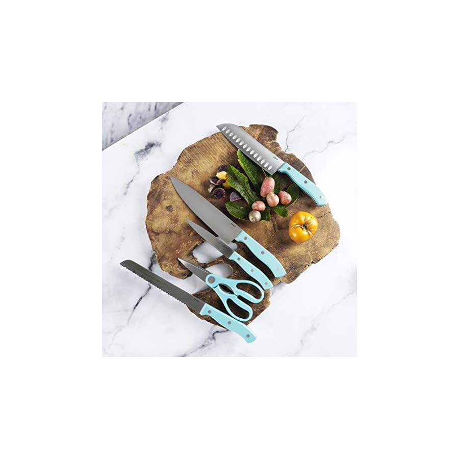 Oster-Evansville-14-Pc-Stainless-Steel-Kitchen-Knife-Cutlery-Set-WTurquoise-Handles-Black-Rubberwood-Block Oster Evansville 14 Piece Stainless Steel Kitchen Knife Cutlery Set W/Turquoise Handles & Black Rubberwood Block