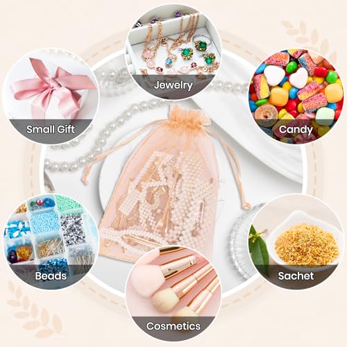 Image of ANZNKU 100 Pack Peach Organza Bags 5x7 In, Small Mesh Gift Bags Bulk with Drawstring for Jewelry Candy Sachet Soap, Goodie Pouches for Wedding Baby Bridal Shower & Birthday Party Favors
