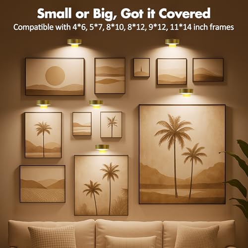 3pcs battery operated picture light magnetic led painting light with remote dimmable and timer 3 lighting modes art display light for picture frame paintings wireless wall decor puck lights gold