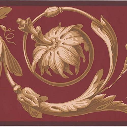 CONCORD WALLCOVERINGS ™ Wallpaper Border Damask Pattern Victorian Style Leaves Flowers for Bedroom Living Room, Red Brown Beige Creamy, 7 Inches by 15 Feet MV3149B