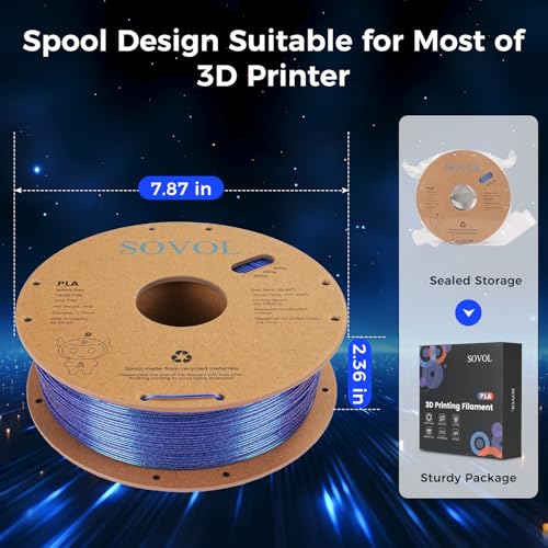 Image of Sovol Silk PLA Filament with Blue Glitter 1kg 1.75mm, Color Changeable 3D Printer Filament 2.2lbs, Chameleon Shiny PLA Material + /-0.03mm, Shimmering 3D Printing Filament, Klein Blue