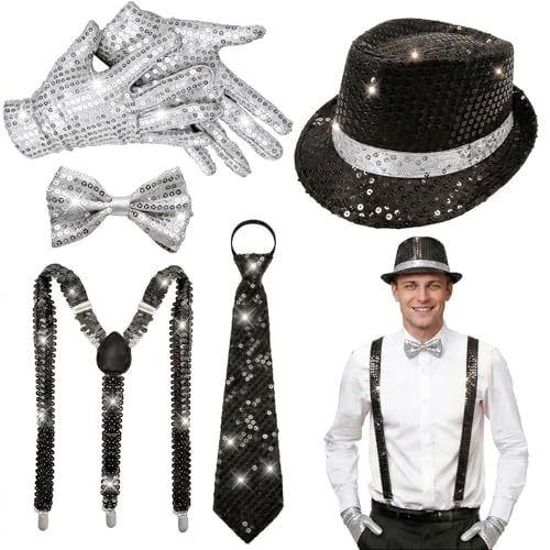 Accessoires disco années 70 complets avec chapeau et bretelles vintage pour soirée déguisée