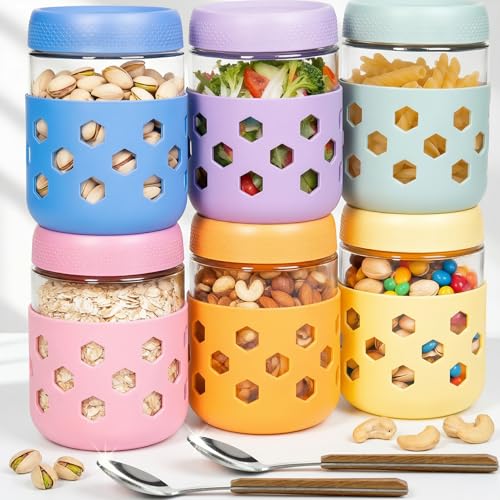 6-Pack 16 oz Overnight Oats Jars with Lids & Silicone Sleeves - Airtight Glass Mason Jars, Food Storage, Wide Mouth Meal Prep Containers for Chia Pudding, Yogurt, Berries & Snacks, Dishwasher Safe