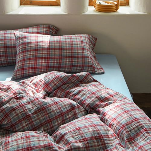 Image of EAVD Vintage Style Red&Blue Gingham Duvet Cover Twin Soft 100% Cotton Muslin Yarn-Dyed Textured Retro Grid Plaid Bedding Set Reversible British-Style Gingham Bedding Set with Zipper Closure