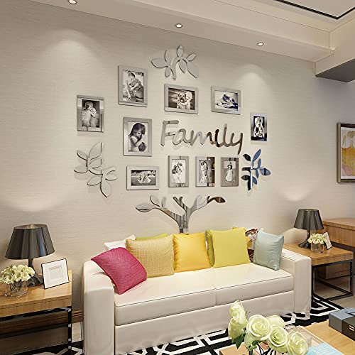 Vaabee Family Tree Wall Decor Acrylic 3D Diy Mirror Stickers Picture Frame Collage Home Decorations For Living Room Bedroom Dinning Office New House Gifts Silver Set Large 47X47 Inch #TOP1