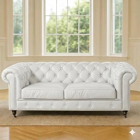 Image of A to Z Furniture Classic Sofa Set Luxury Chesterfield Leatherette Sofa in for Home Living Room & Office (3+2+1=6 Seater Sofa Off-White)