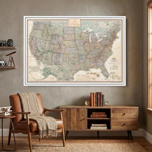 Image of Executive United States Map with Pins - Detailed National Geographic USA Canvas Travel Tracker - Extra Large Framed Wall Art - White Float Frame - 34 inch x 51 inch