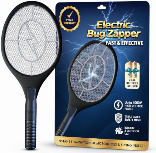 ASISNAI Bug Zapper Racket, Electric Fly Swatter for Mosquitoes, Flies, and Flying Insects, 18 Inch Handheld Battery Powered Fly Zapper for Indoor Outdoor Use, 2 AA Batteries Included, Black