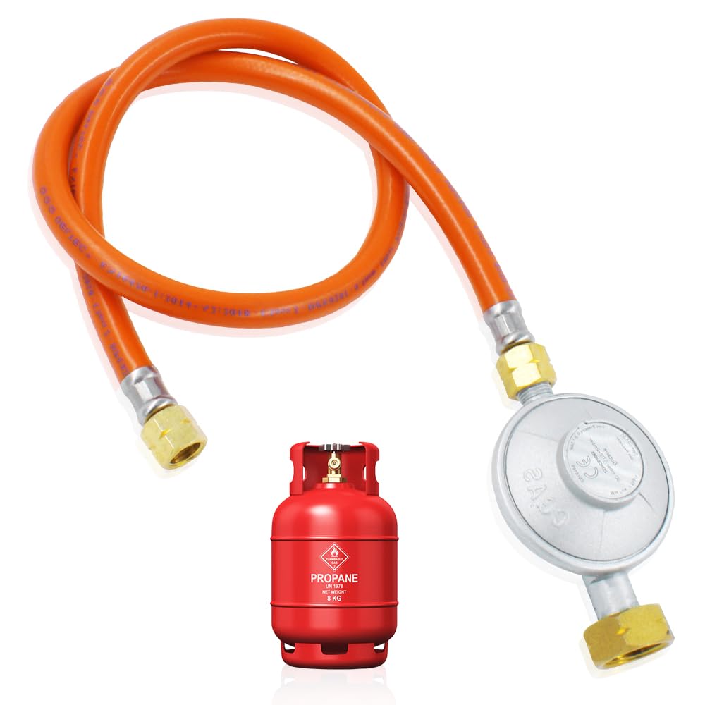 Regolatore di pressione del gas, 50 mbar, tubo del gas da 150 cm, con riduttore di pressione, set di riduttore di pressione, attacchi a vite da 1/4" a sinistra, set di regolatori per campeggio