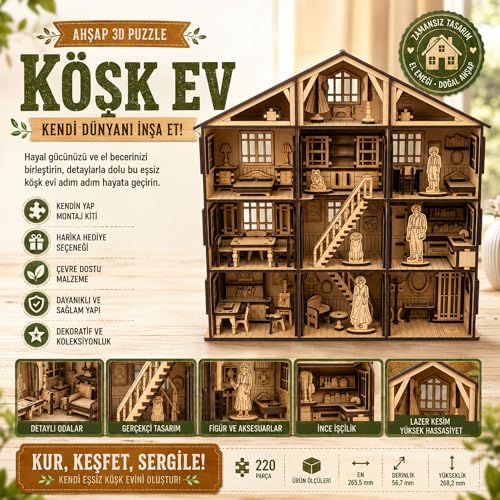 AlgWoodDesign Köşk Ev Ahşap Maket Seti 220 Parça, Dıy 3D Puzzle Çok Odalı Bebek Evi Koleksiyoner Modeli