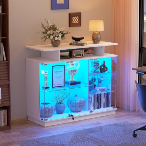Vitrine en verre avec LED et Porte Vitrée Verrouillable, Armoire Vitrine pour Collection, 3 Couches Vitrine Armoire Salon Debout, Multifonction Meuble Vitrines Led Salon, Chambre, Entrée et Bureau