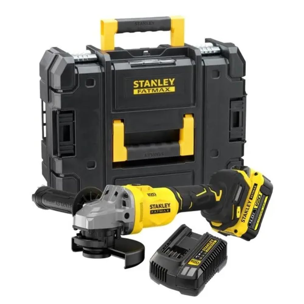 STANLEY FATMAX V20 akumulatorowa szlifierka kątowa, bezszczotkowa, 125 mm, w zestawie akumulator litowo-jonowy 4,0 Ah, ładowarka 2 A i walizka PRO-STACK, 18 V, SFMCG710M1T QW