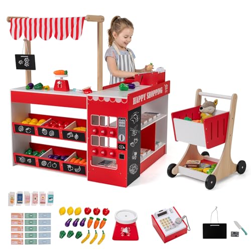 Costzon Kids Grocery Store Playset Wooden Play Store w/Lights & Sound Shopping Cart Blackboards & Cash Register Toddler Toy Grocery for Boys and Girls Ages 3+ (Red 35.5 x 31 x 41)