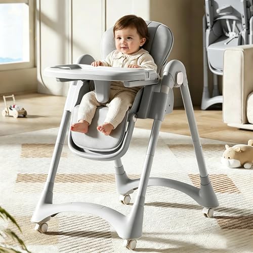 Foldable Baby High Chair Height Adjustable Convertible Toddler Dining Feeding Chair with Removable Double Tray 5-Point Harness Lockable Wheels & PU Cushion for Infant & Kids