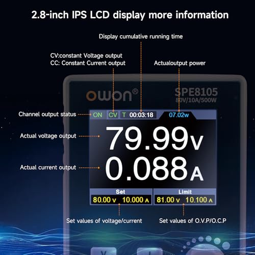 Image of OWON Lab Power Supply (0-80V 0-10 A), Programmable Max 500w Out Power Bench DC Power Supply with 2.8inch LCD Display and Output Enable /Disable Button SPE8105
