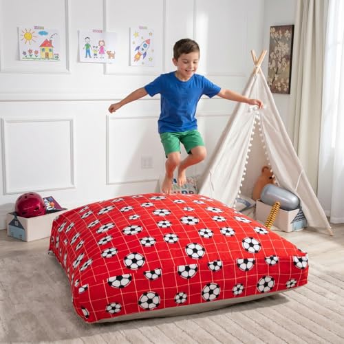 Image of Matini Home Sensory Crash Pad - Non Slip Bottom, Soft Fabric Sensory Pads, Landing Mat for Jumping, Relaxing & Play - 48 inch x 48 inch, Red Soccer Ball