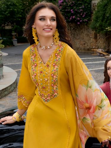Image of INDO ERA Women's Silk Blend Embroidered A-Line Kurta and Pant with Dupatta Set (Ieout6682)