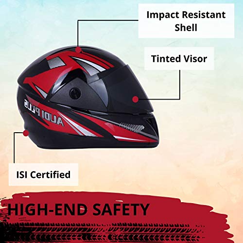 Image of Sage Square Plus Full Face Graphic Helmet (ISI Certified) Tinted Visor, High Standard Safety, Enhanced Design, Extra Comfort (Black Glossy-Red) (Size: Extra Large)