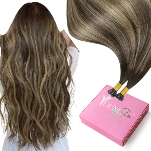 YoungSee Nano Link Hair Extensions Human Hair Balayage Nano Ring Hair Extensions Remy Hair 22 Inch Nano-Bead Extension Dark Brown with Caramel Blonde Human Hair Extensions Nanoring 50g/50 Strands