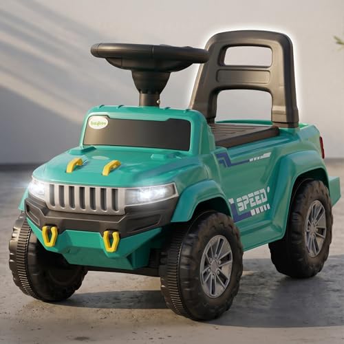 Image of Baybee Speedy Baby Ride on Car for Kids | Portable Kids Car with LED Lights, Music & Storage Basket | Push Toy Cars with High Backrest | Toddler Rideons Jeep for 1 to 3 Years Boys Girls (Green)