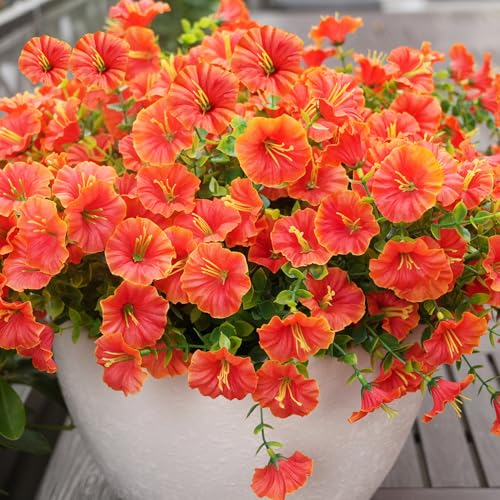 Image of Artificial Flowers for Outdoors, UV Resistant Fake Silk Morning Glory, Realistic Faux Plants for Outside Porch Patio Window Box Hanging Planter (16, Orange)