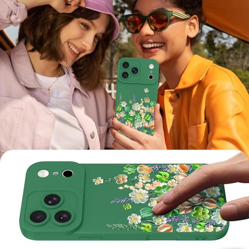 Image of Designed for iPhone 17 Pro Max Case Floral for Women Girls, Green | Cute Oil Painting Flower Pattern Liquid Silicone Phone Case [Full Camera Protection] Slim Soft TPU Protective Cover