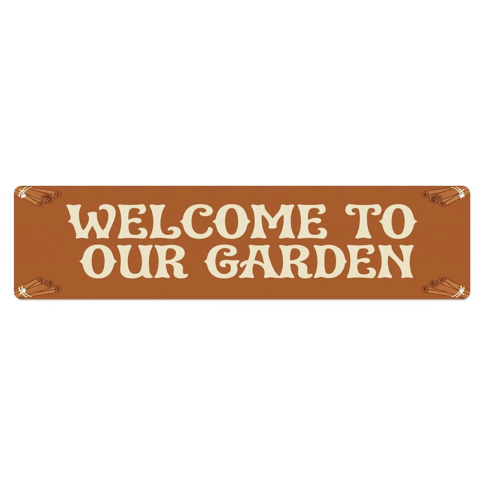 Vintage Welcome to Our Garden Cinnamon Metal Tin Sign