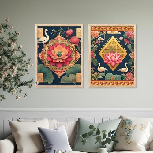 Image of kotart - Lotus Wall Art Painting for Wall Decoration Wall Poster With frames Wall Floral Paintings for Living Room Floral Traditional Wall Decoration Frames Home Decor Painting Floral Wall Art Framed Wall Painting for Home Room Bedroom Office Wall Decor set of 2 (Art 6, (19x25 inch), Framed)