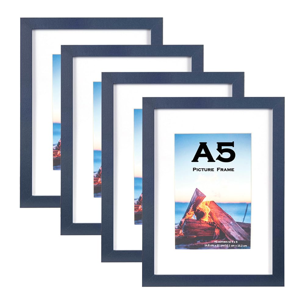 Navy Blue Wooden A5 Picture Frame Set of 4, Freestanding and Wall Mountable, A5-4P