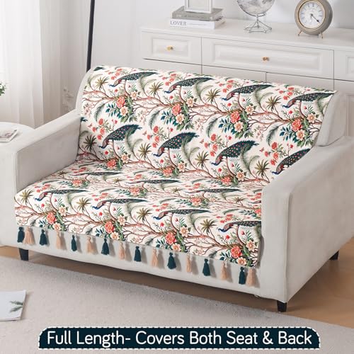Image of HOKIPO Sofa Cover with Tassel for 2 Seater Sofa | Full Protection for Seat and Back | Printed Holland Velvet Fabric | 'Whispers of Nature' (160x120 cm), Multicolor Tropical Peacock (IN-1126-D1)
