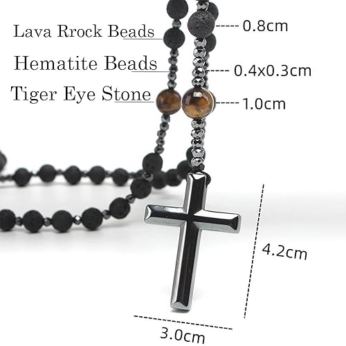 Miniatura 7 de Lava Rock Bracelets Tiger Eye Necklace for Men, Hematite Cross Rosary Necklace Triple Protection Healing Crystal Jewelry Gifts for Dad Grandpa