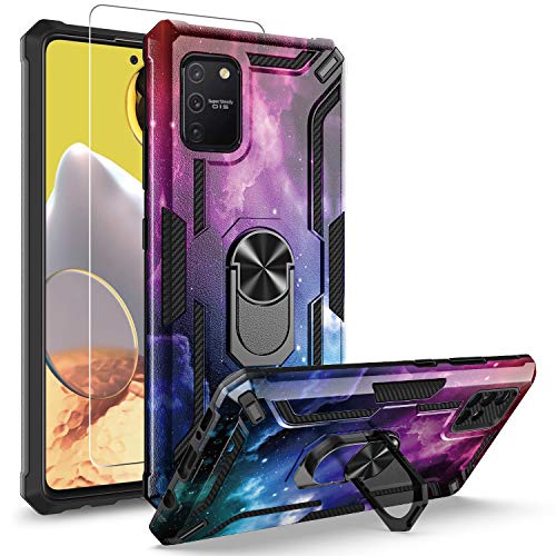 for Galaxy S10 Lite Case/Galaxy A91 Case w/[Tempered Glass Screen Protector](Full Coverage) [Shockproof] Magnetic Car Mount [Ring Stand] Protective Cover for Women Man Star Blue Black