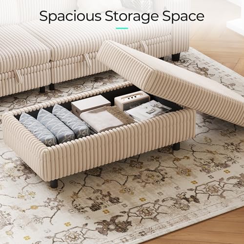 Image of LINSY HOME Storage Ottoman Bench, 40 inch Convertible Coffee Table Plush Corduroy Foot Rest Ottoman for Living Room, Bedroom, Guest Room, Entryway, Beige