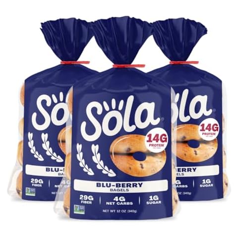 SOLA Low Carb & Keto Friendly Bagels, Blu-berry - 5g Net Carbs & 15g of Protein, No Added Sugar, Plant based, Low Calorie Bagels - 12 oz (4 Bagels/Pack) (Pack of 3) Cover