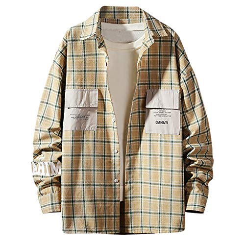 Preisvergleich Produktbild Fenverk Herren Checked Sweat Sleeve Shirt Freizeithemd Holzfällerhemd Thermohemd Ideal für Herbst und Winter Karohemd Regular fit Kariertes Hemd Langarm Freizeit Business Party (Gelb,XXL)