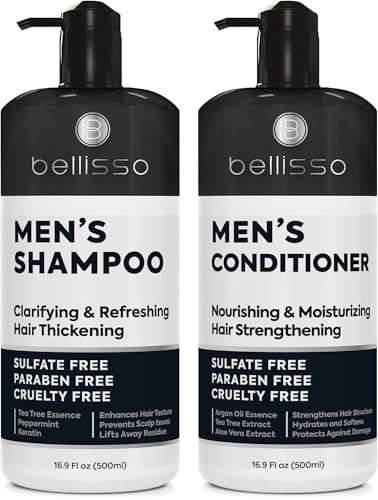 Mens Shampoo and Conditioner Set - Sulfate Free and Clarifying - For Men with Oily to Normal Hair - Moisturizing and Thickening - Biotin, Keratin, Tea Tree Oil, Caffeine and Peppermint for Dandruff