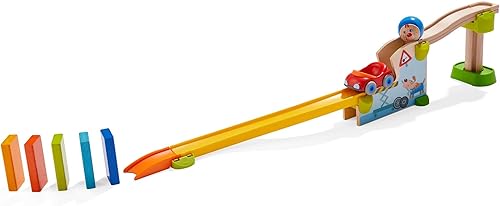 Miniatura 4 de HABA Juego de carreras de pelota y pista con coche y dominó, 16 piezas Kullerbü Marble Runs y juegos de construcción para niños de 2 años en