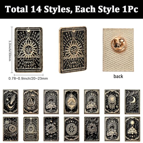 Image of SUNNYCLUE 1 Box 14Pcs 14 Styles Tarot Card Enamel Pins Gothic Brooch Pin Black Alloy Divination Cards Themed Sun Moon Star Lapel Badge Brooches Set for Backpacks Bags Clothing Decoration Accessories