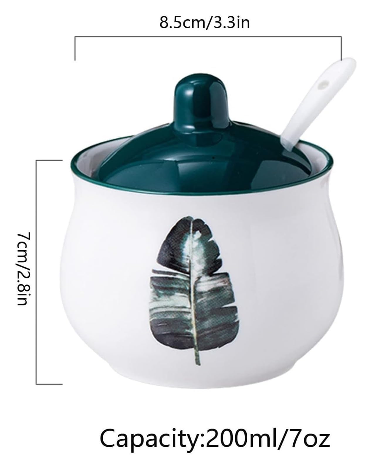 Sucrier, sucrier, sucrier nordique avec couvercle, pot de rangement à motif de plante verte, sucrier en porcelaine, pot à épices, pot à sel, for café, restaurant, maison(Green3)