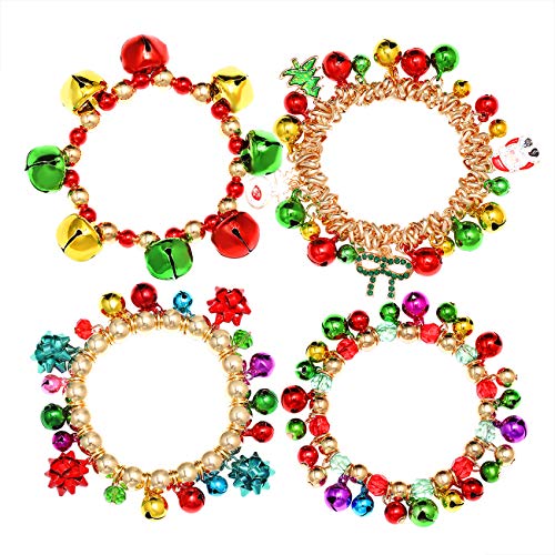 Christmas Jingle Bell Bracelet Colorful Bow Snowman Xmas Tree Beaded Chram Stretch Bracelet Novelty Christmas Festival Holiday Jingle Bells Bracelets Set for Women