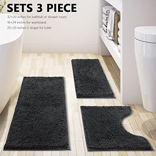Image of BOANKODU Bathroom Rugs Chenille Bath Mat Set 3-Piece Bath Rugs for Bathroom Extra Soft Bath Mats for Bathroom Non Slip Absorbent Shag Machine Washable, Strong PVC Underside (Grey)