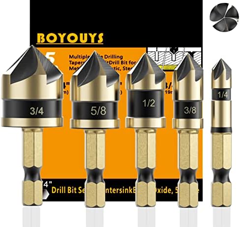 Countersink Bit Set for Metal, M2 Cobalt Countersunk Bits 5 Pieces, Gold Oxide Countersink Drill Bit,1/4" Hex Shank Countersunk Bit Set for Drilling in Copper, Aluminum, Wood, Plastic