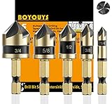 Countersink Bit Set for Metal, M2 Cobalt Countersunk Bits 5 Pieces, Gold Oxide Countersink Drill Bit