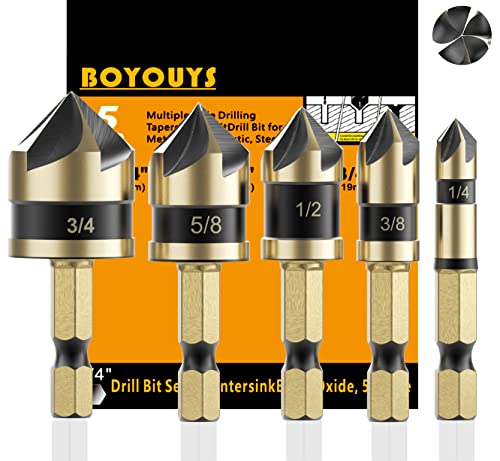 Countersink Bit Set For Metal, M2 Cobalt Countersunk Bits 5 Pieces, Gold Oxide Countersink Drill Bit,1/4" Hex Shank Countersunk Bit Set For Drilling In Copper, Aluminum, Wood, Plastic #TOP15