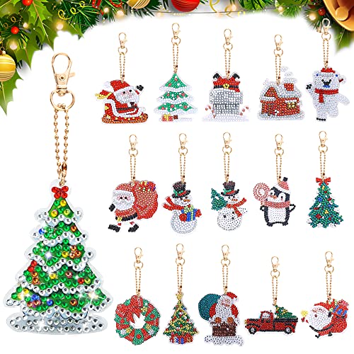 LYLIDIA 15 Piezas Llaveros de Navidad de Diamante 5D DIY Llaveros Navidad Llaveros Diamante Pintura Kits Diamond Painting Keychain Colgante Punto de Cruz Diamante Niños Mochila Decoración Navidad