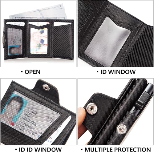 Slim Wallet for Men, Genuine Leather Carbon Fiber Trifold RFID Blocking Pop Up Wallet with Money Clip,Minimalist Front Pocket Credit Card Holder for Men (Carbon fiber black)3