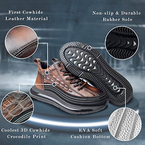 JishinGal Men's Slip-on Leather Sneakers Non-Slip Casual Fashion Height Increasing Cowhide Crocodile Print Sneakers2
