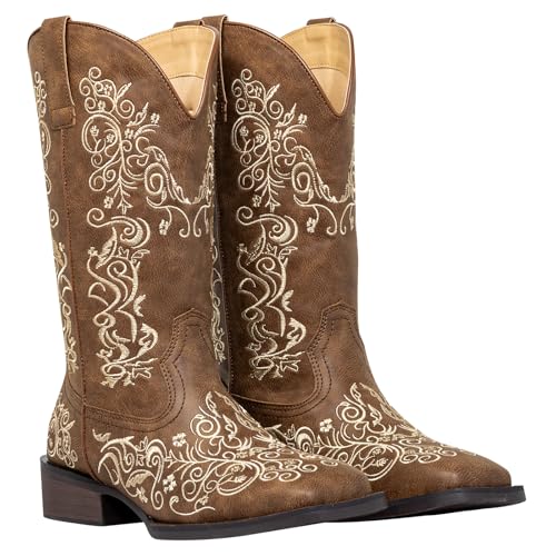 Image of SheSole Women Cowboy Boots Sparkle Western Cowgirl Boots for Ladies Rhinestone Wide Square Toe Mid Calf Floral Shoes