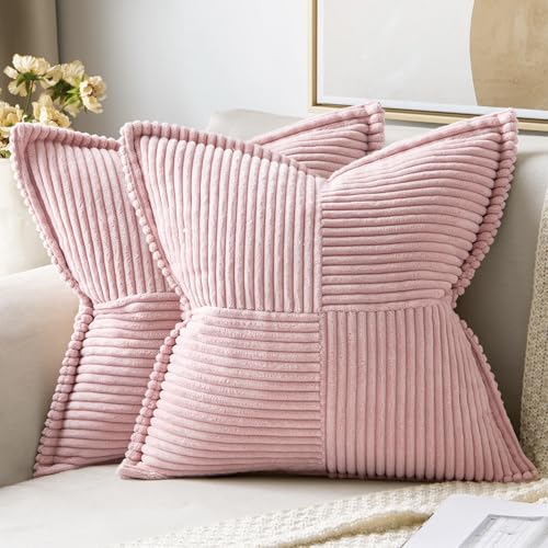 Image of MIULEE Spring Decorative Throw Pillow Covers for Couch Bed Livingroom 20x20 Inch Set of 2 Pink Boho Accent Throw Pllows Broadside Striped Patchwork Soft Corduroy Pillowcases Valentine Decor