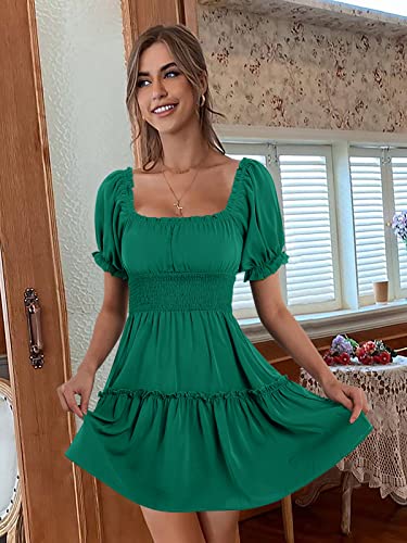 Image of Womens Babydoll Mini Dress Casual Square Neck Short Sleeve Summer Dresses | Empire Waist, Smocked, Flowy, Short Beach Dress, Vacation, Floral, Boho